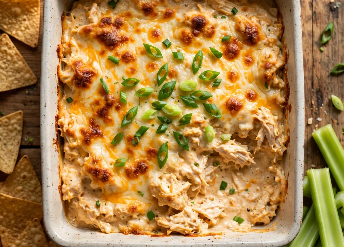 Buffalo chicken dip in a baking dish with melted cheese, green onions, tortilla chips, and celery sticks.