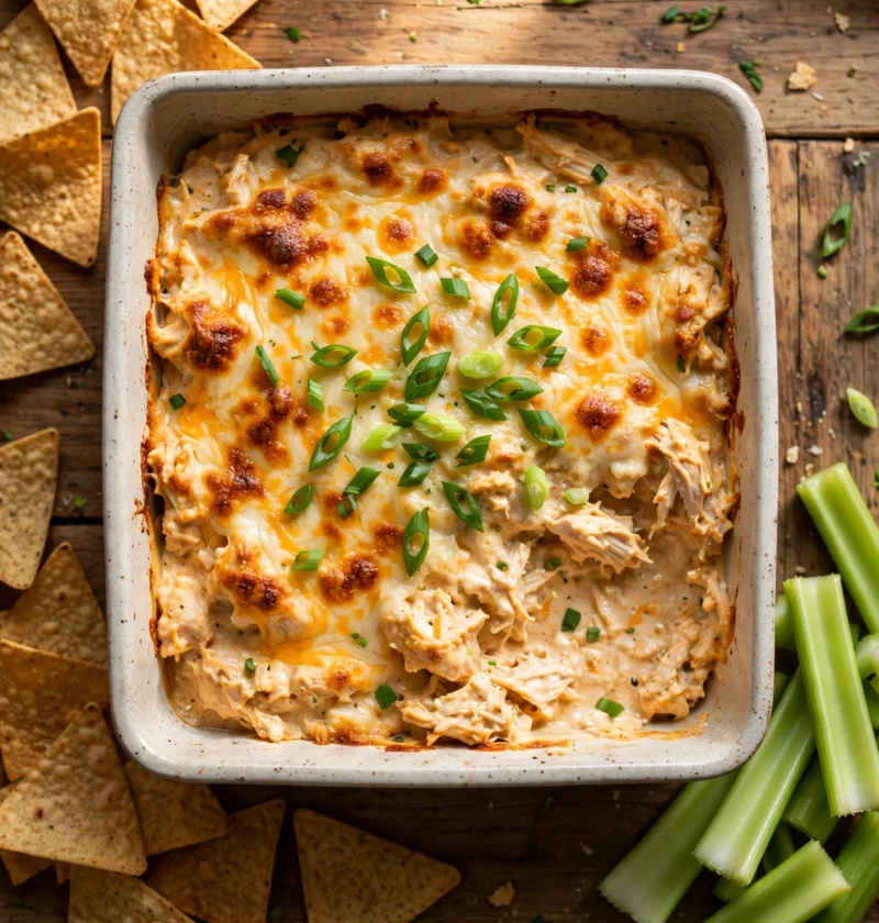 Buffalo chicken dip in a baking dish with melted cheese, green onions, tortilla chips, and celery sticks.