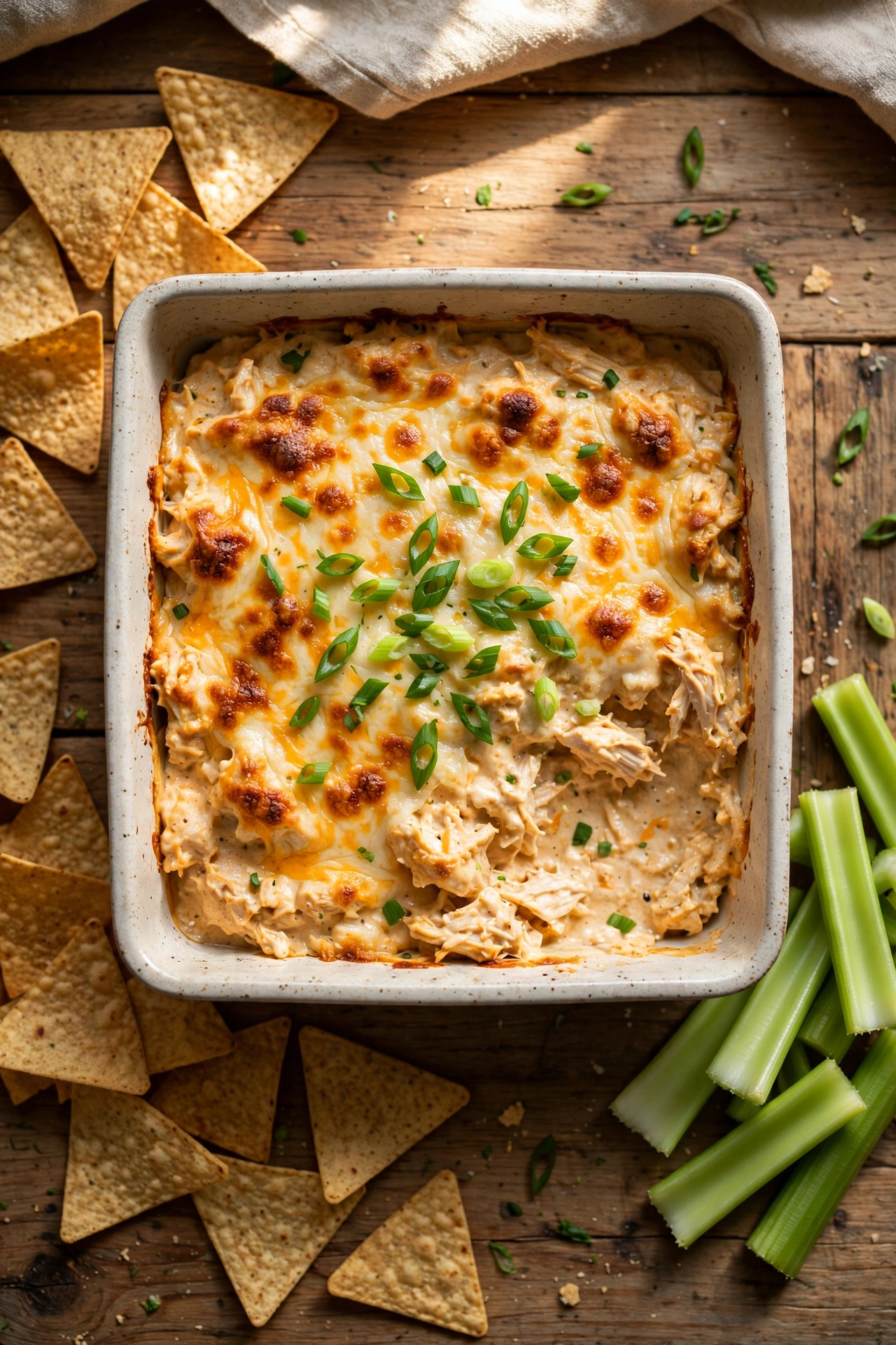 Buffalo chicken dip in a baking dish with melted cheese, green onions, tortilla chips, and celery sticks.