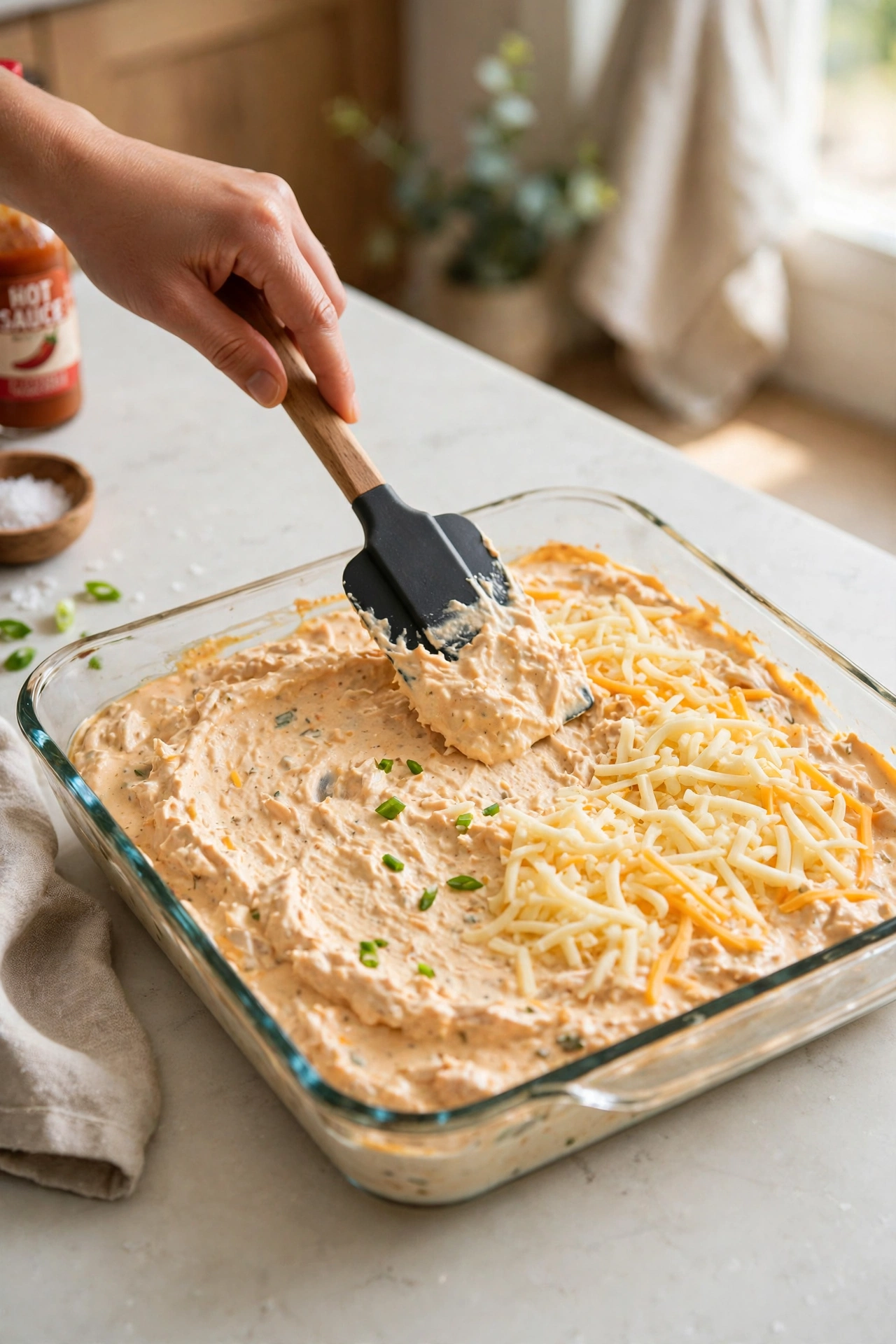 Creamy dip spread evenly in a baking dish before baking, topped with shredded cheese.