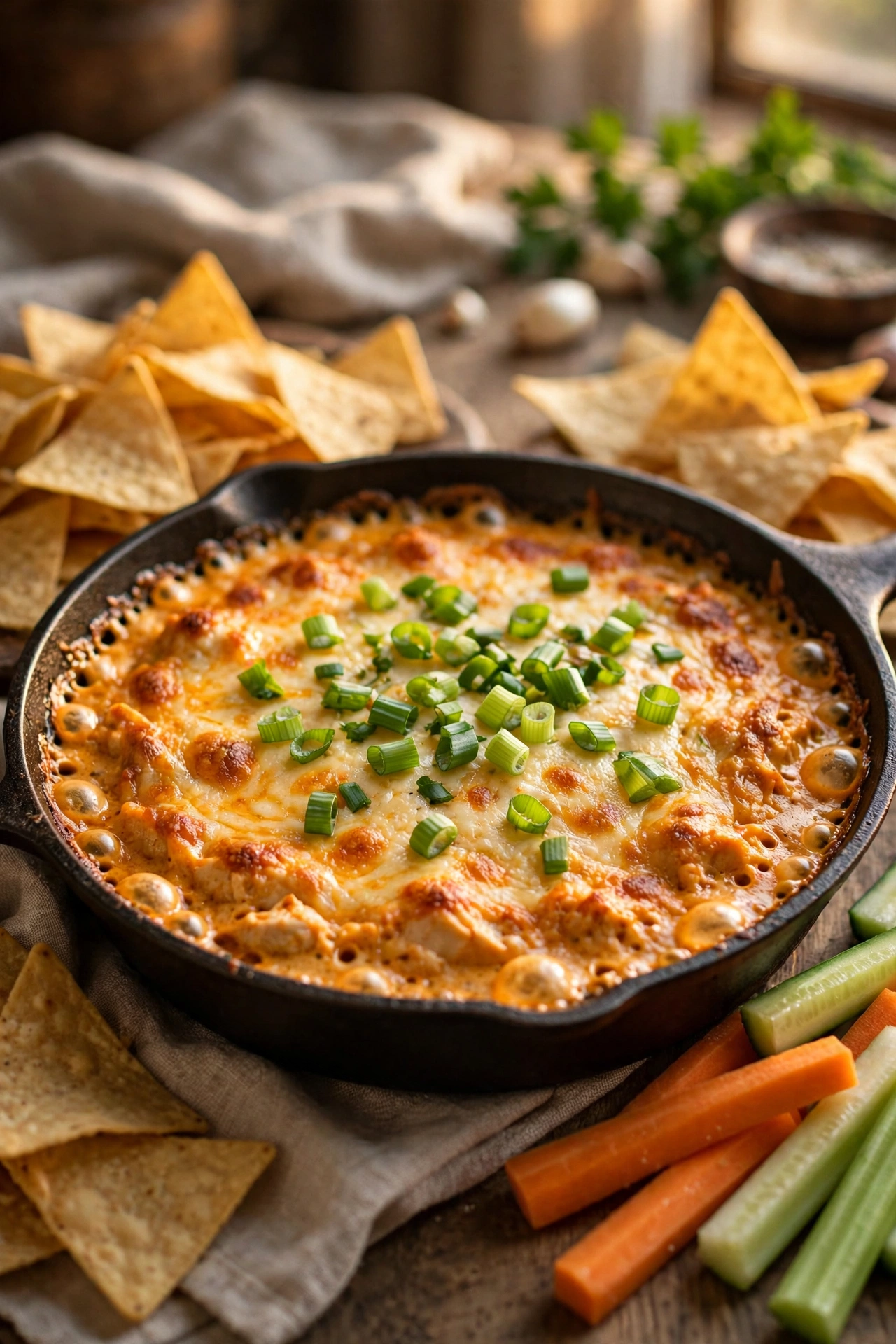 Baked buffalo chicken dip with a golden cheese top, served warm with chips and vegetables.