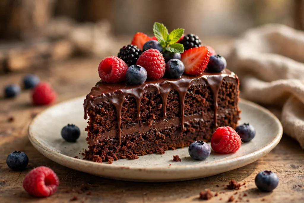 A chocolate cake topped with berries